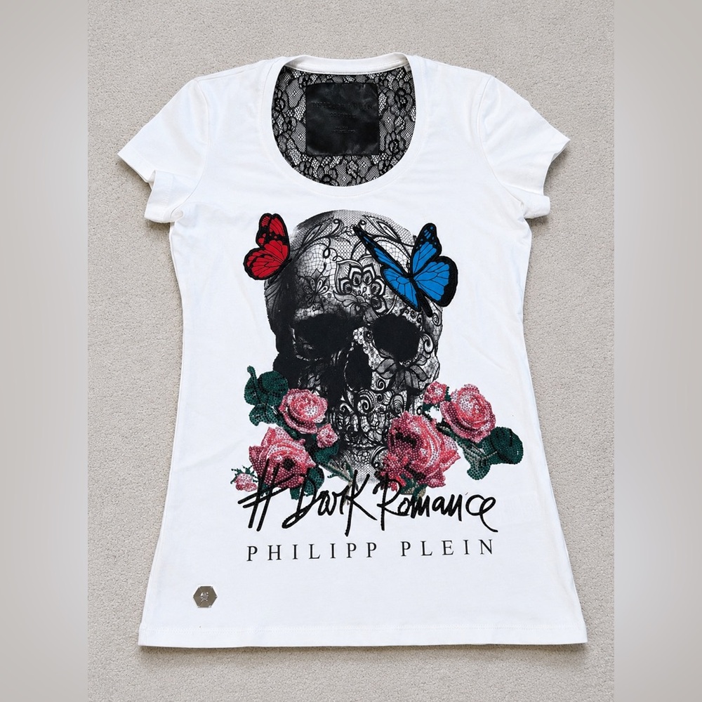 Philipp Plein "Dark Romance" White Skull Graphic Tee with Colorful Butterflies